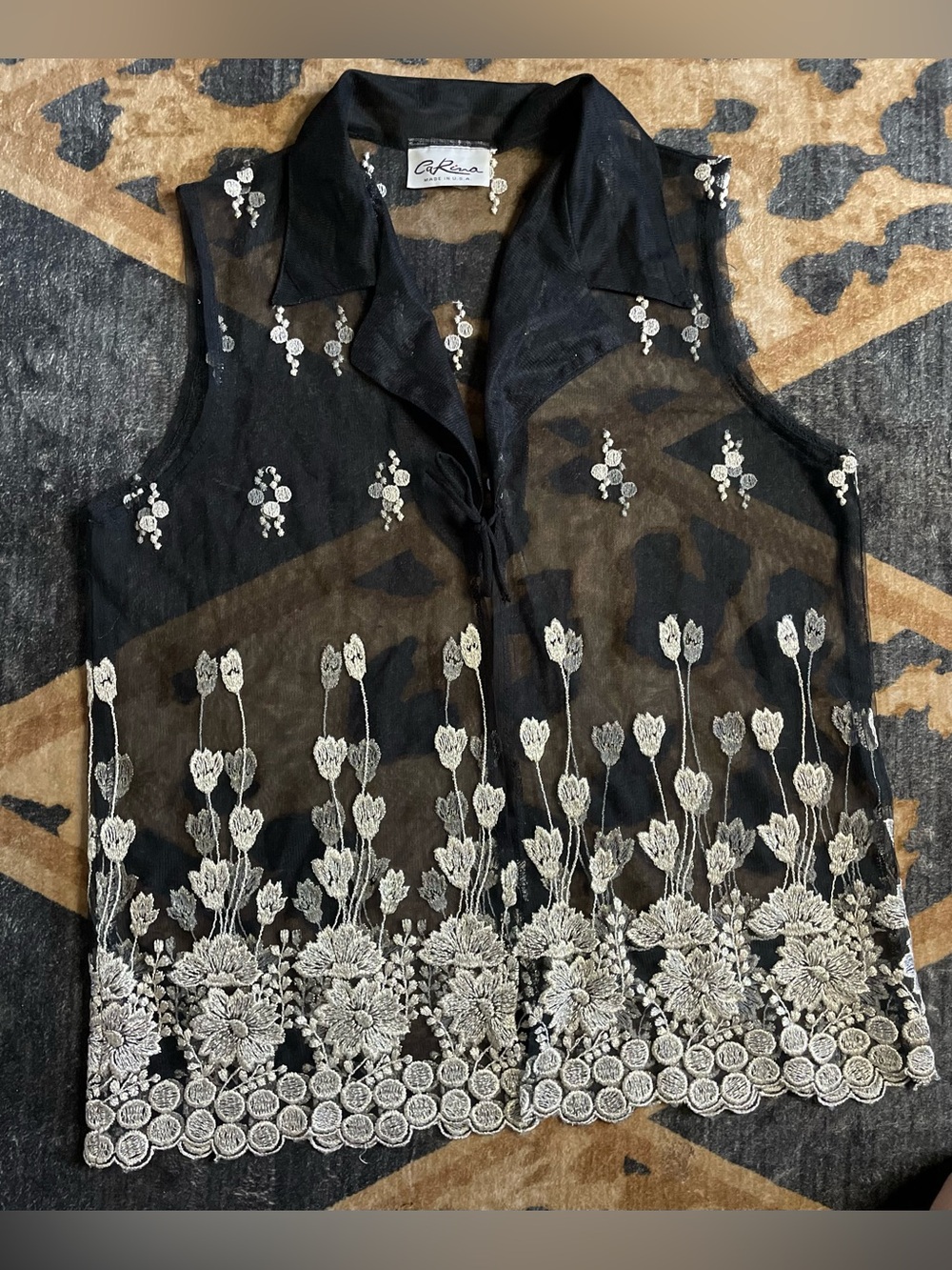 Vintage Carina Black Sheer Mesh Floral Embroidered Tie-Front Vest M USA